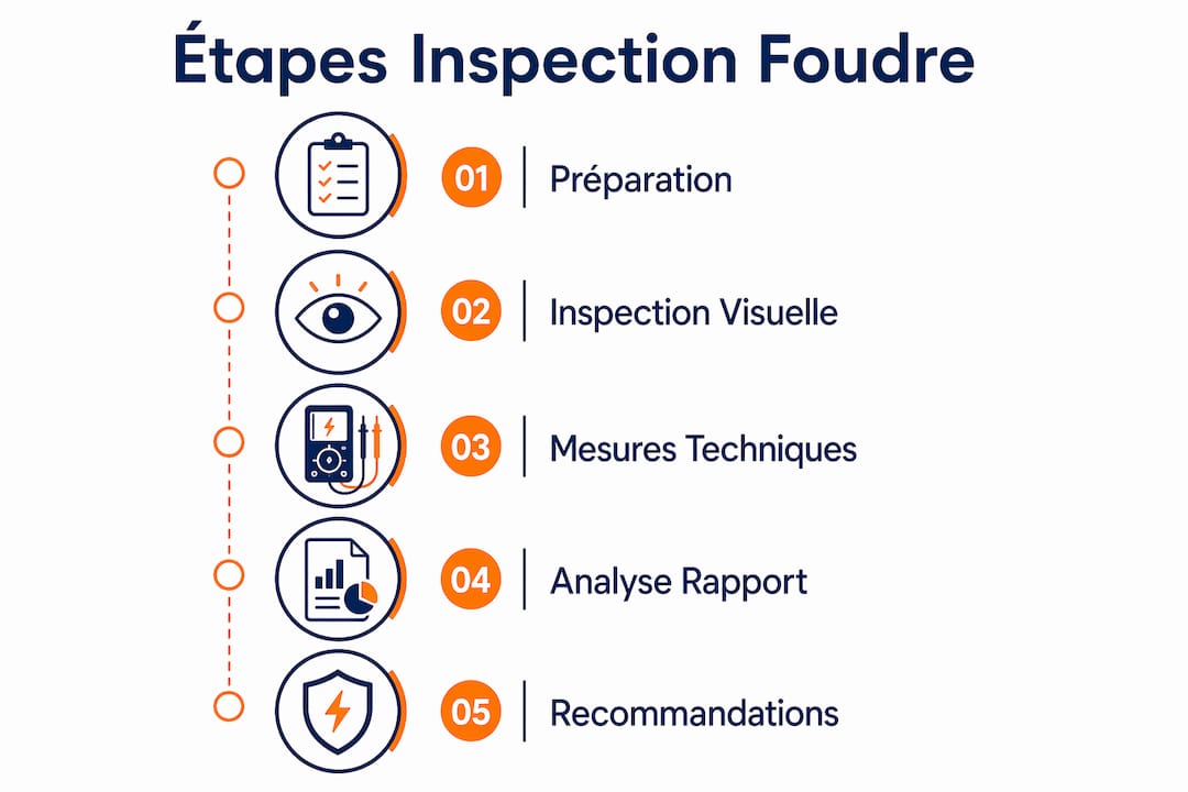 Infographie détaillant les principales étapes d’une vérification de la protection contre la foudre