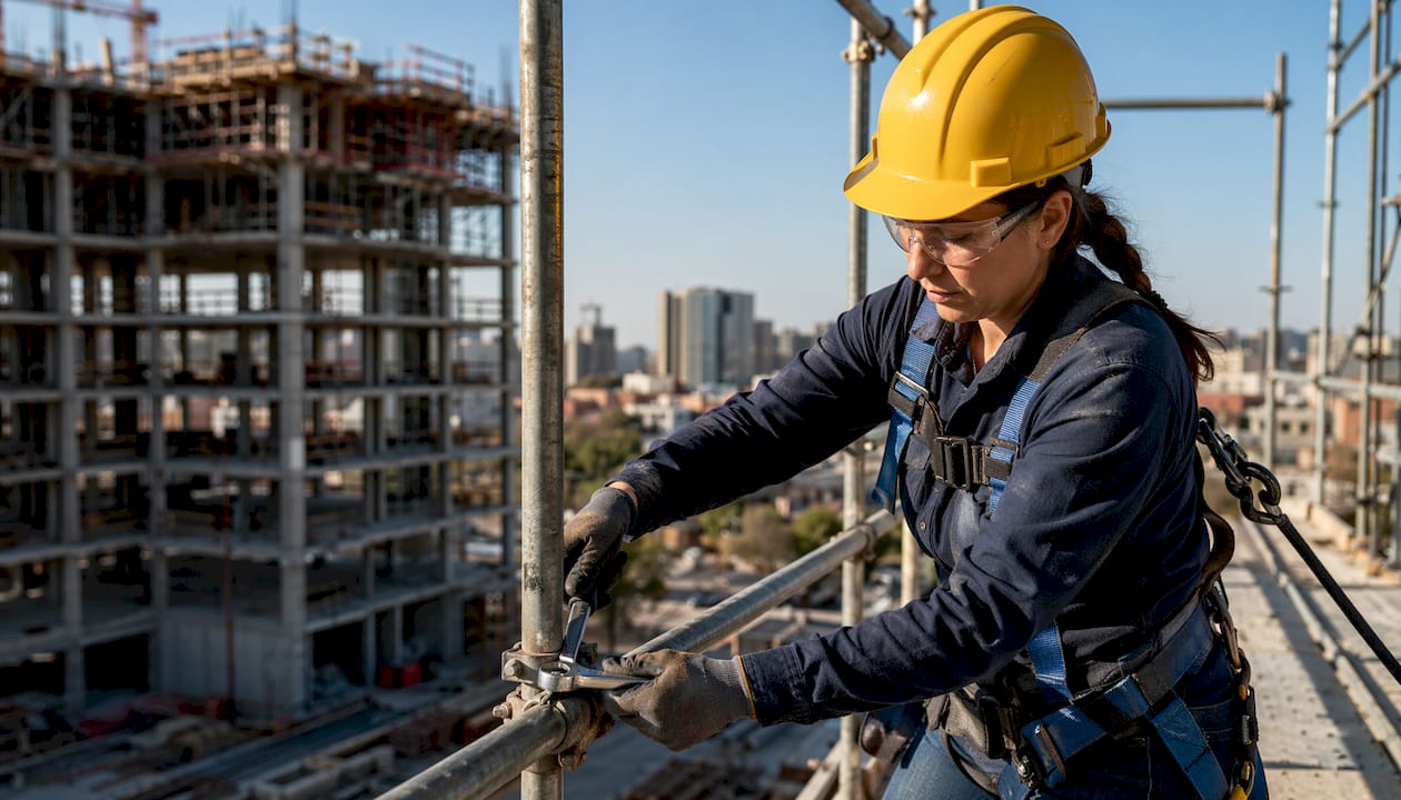 Worker securing guardrail with safety harness