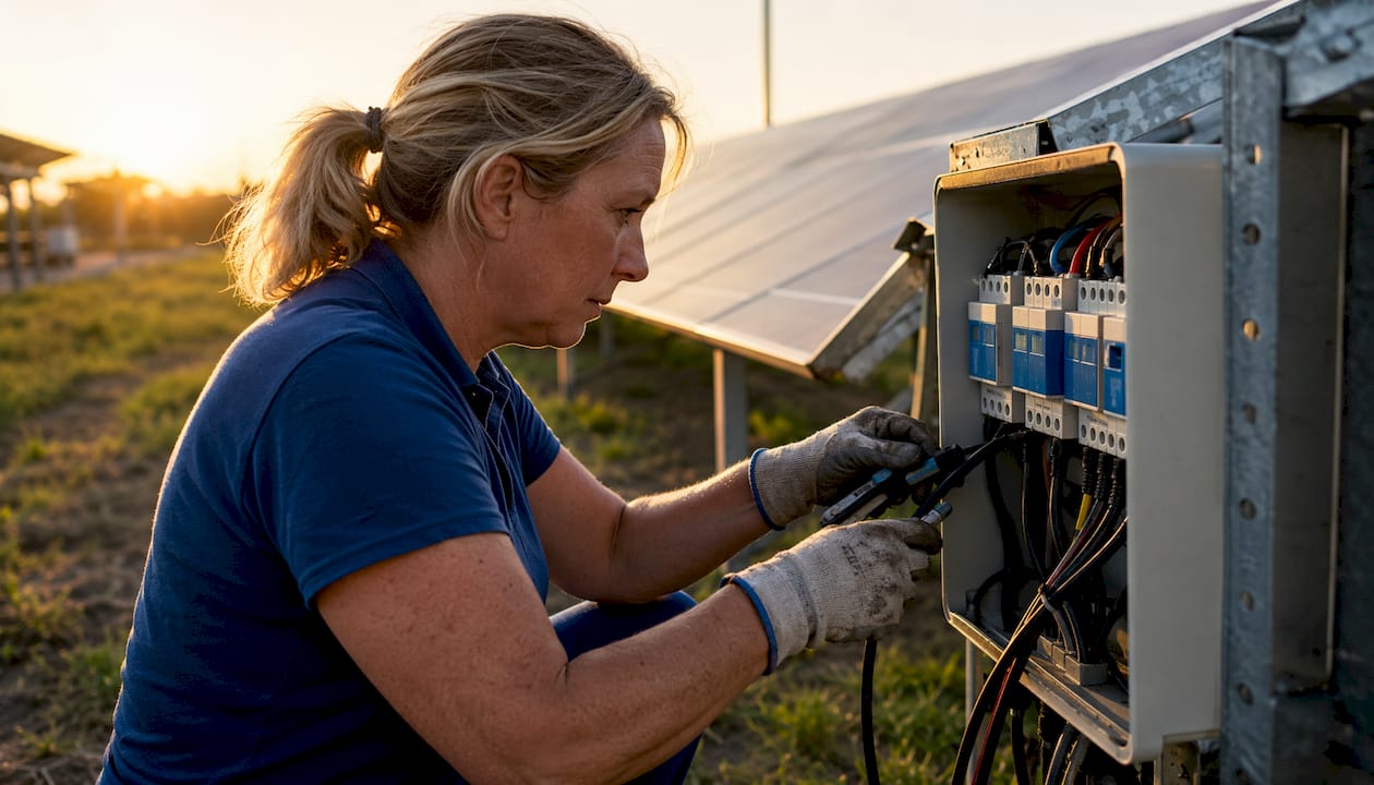Technician installing surge protective devices on solar array wiring