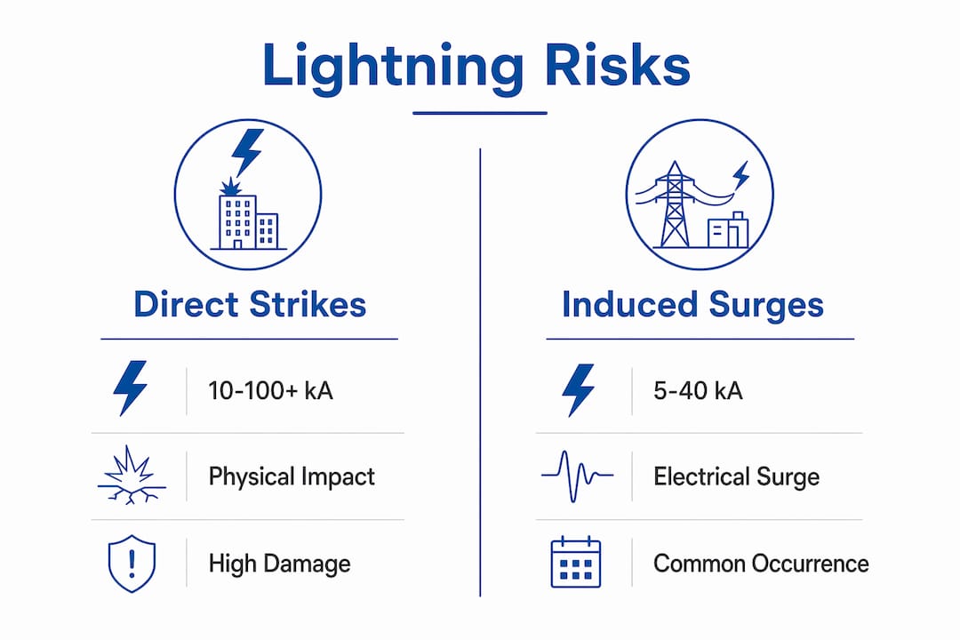 Infographic comparing direct strikes and induced surges in photovoltaic lightning risk