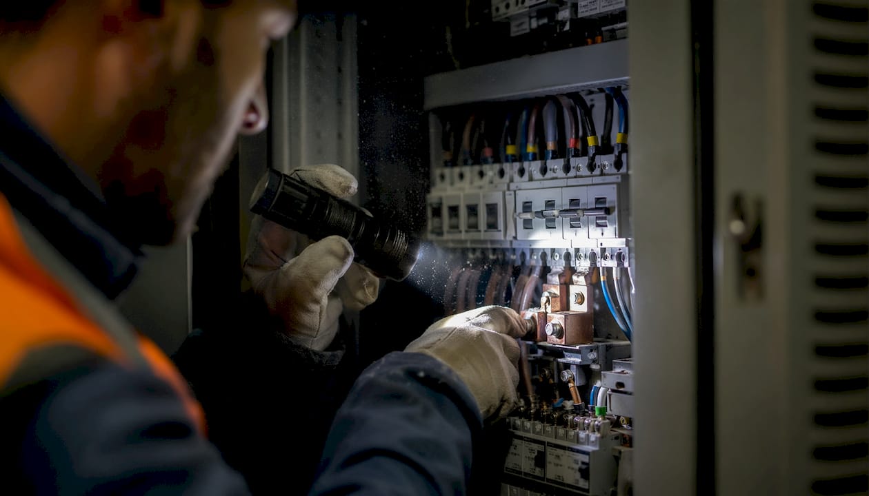 Un électricien en train de vérifier l'intérieur d'un tableau électrique