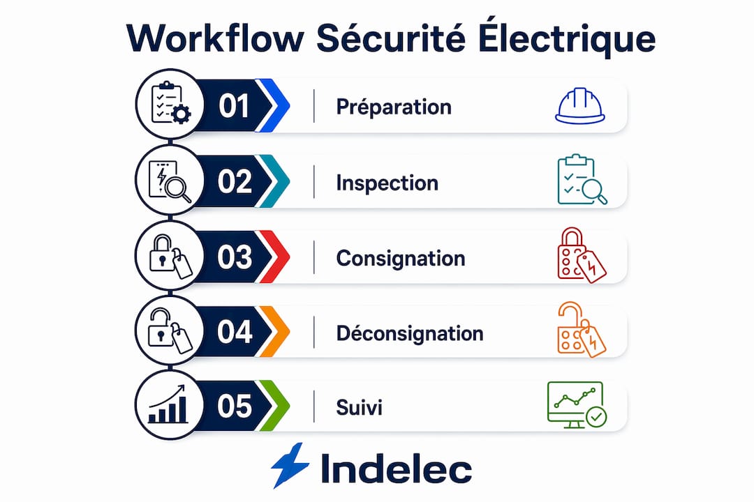 Présentation visuelle des différentes étapes clés pour assurer la sécurité électrique