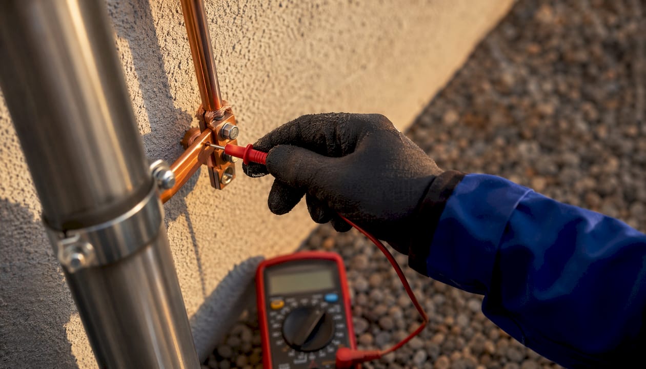 Multimeter testing lightning rod continuity