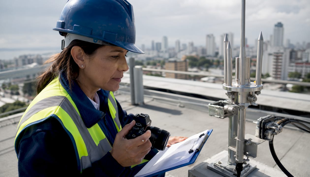 Technician inspecting rooftop lightning rod