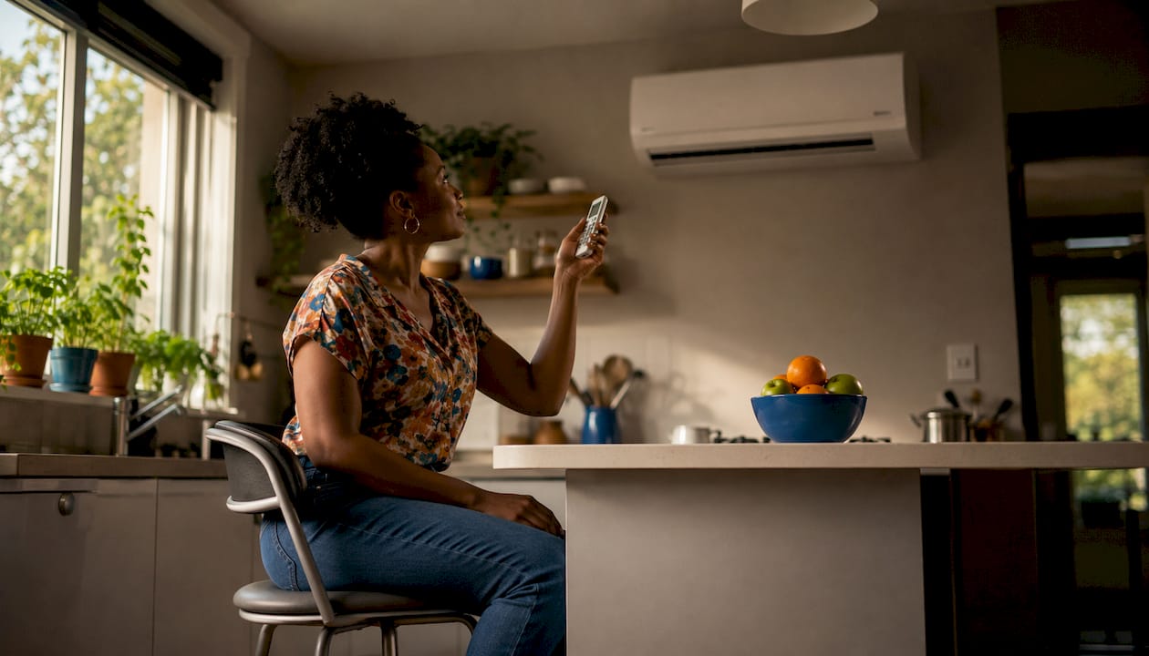 Woman adjusting indoor HVAC unit remote control