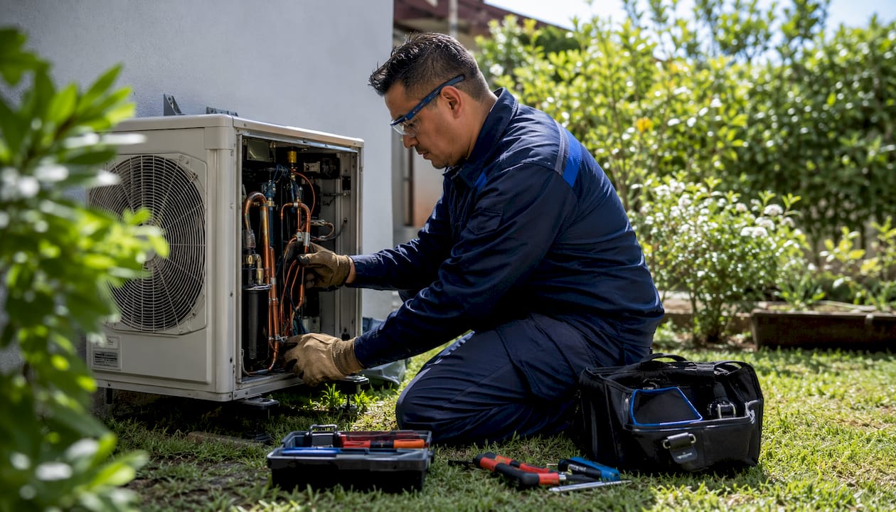 Technician hands servicing indoor HVAC unit