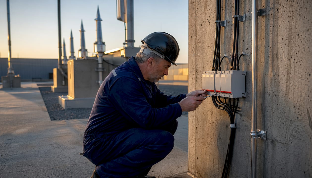 Technicien en train de régler un parafoudre industriel modulaire