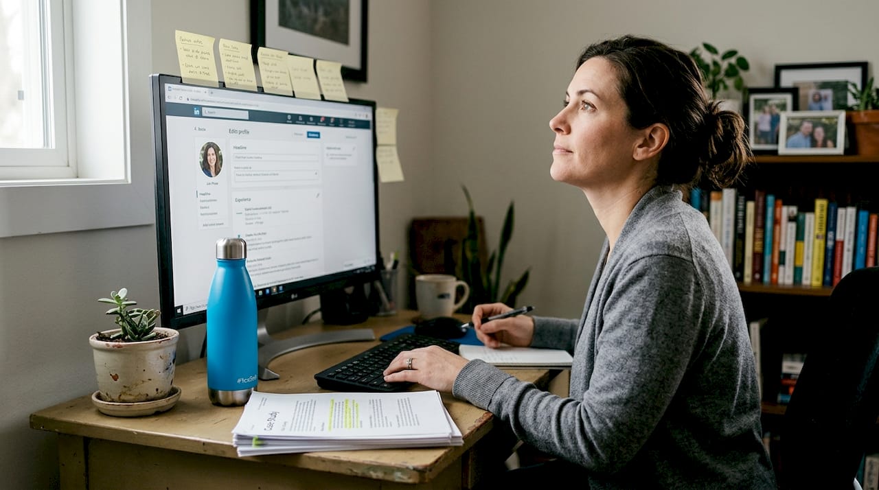 Businesswoman updating LinkedIn profile at home desk