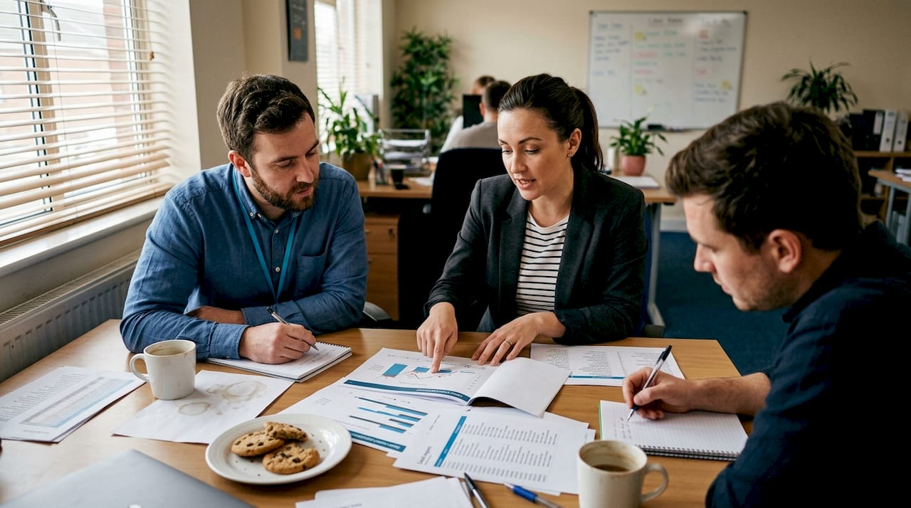 Team meeting discussing lead report quality