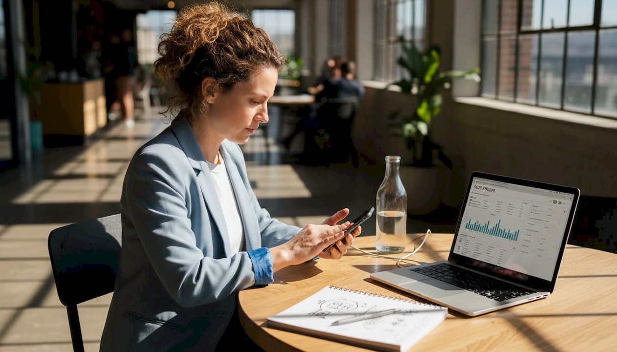 Marketer multitasking outbound messaging in lounge