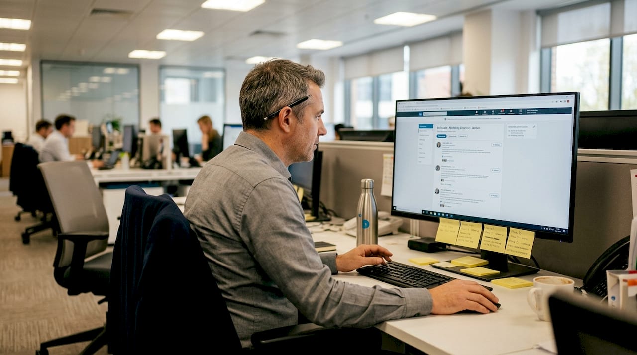 Man prospecting B2B leads on LinkedIn at desk