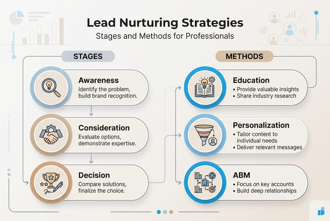 Infographic showing stages and methods of lead nurturing