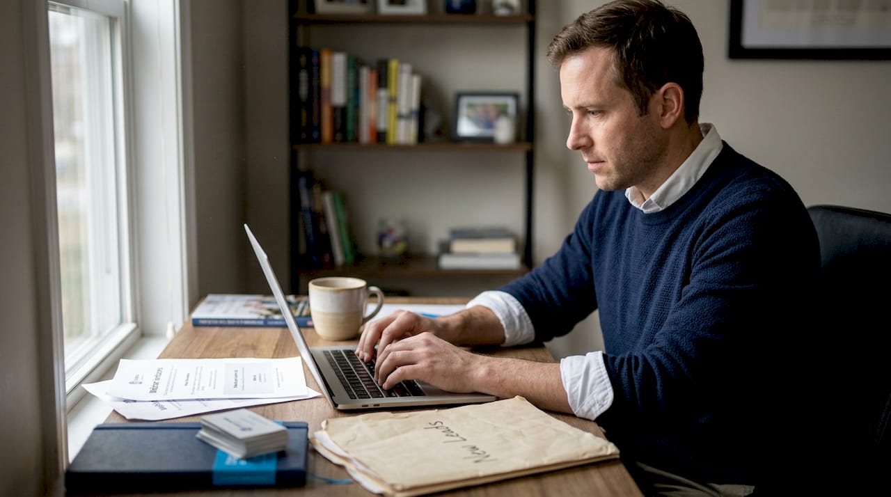 Consultant composing nurturing email in home office
