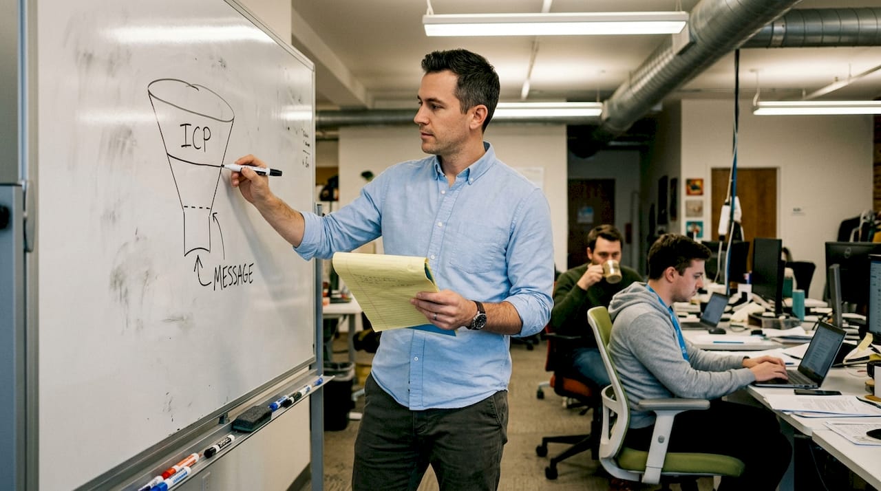 Marketing strategist draws funnel diagram on whiteboard