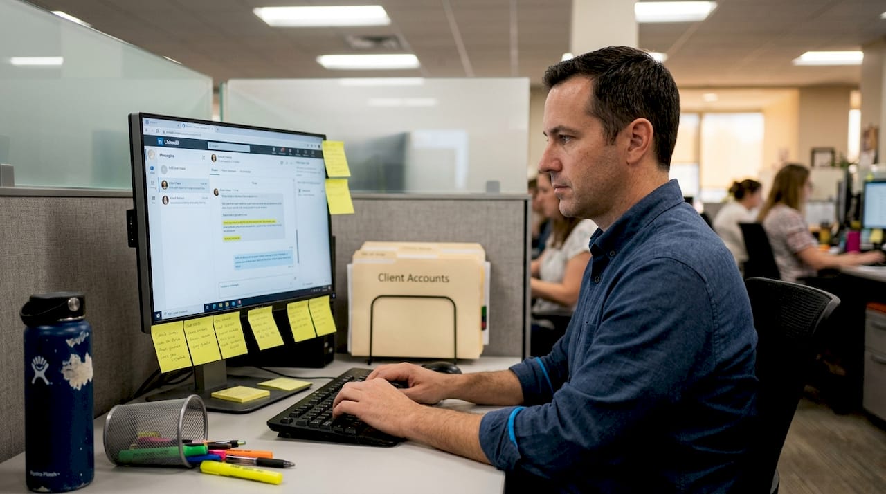 Man drafts personalized LinkedIn message in open office