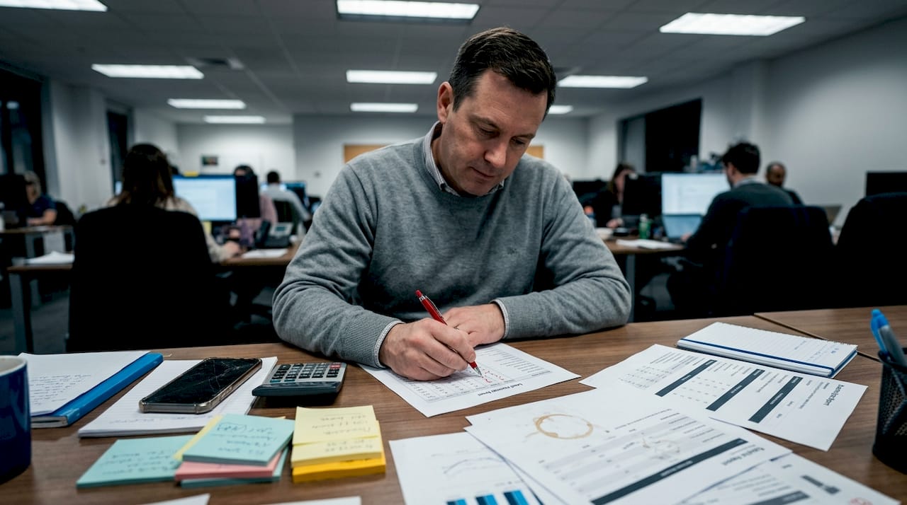 Sales analyst scoring leads at workspace