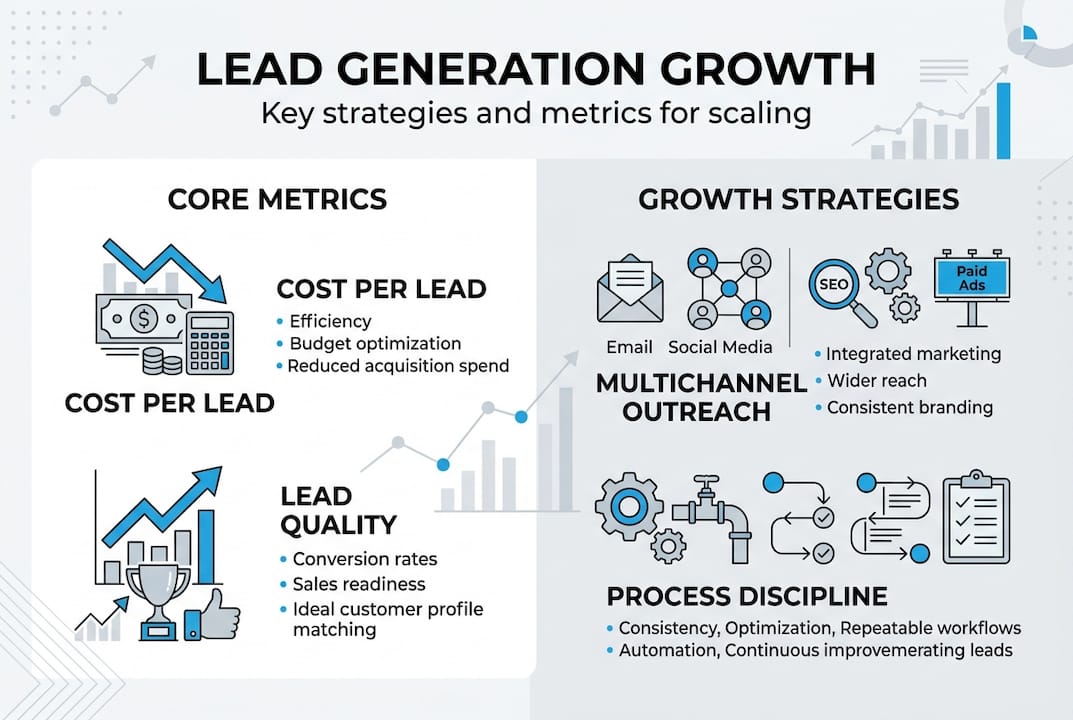 Infographic showing lead generation strategies and metrics
