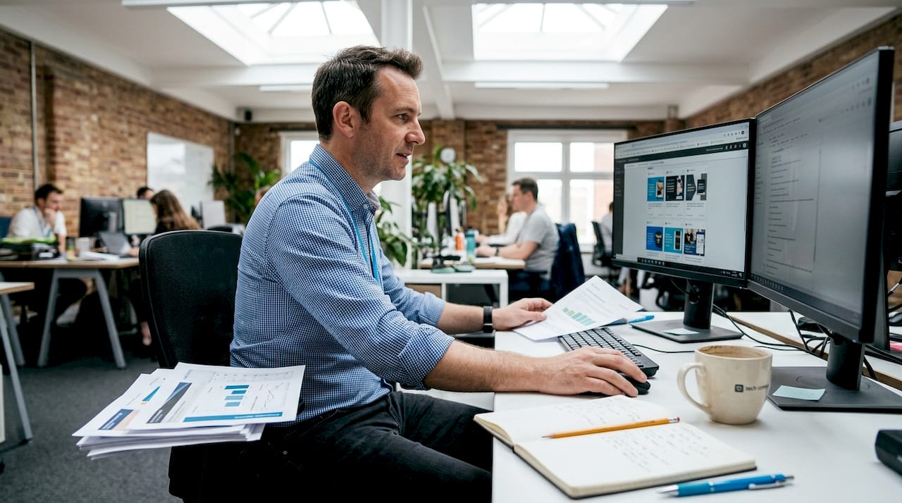 Manager examining LinkedIn ad split test results