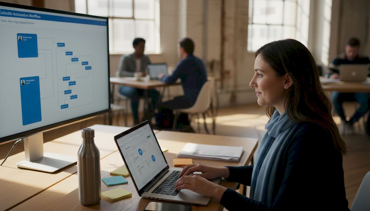Woman using LinkedIn tools in workspace