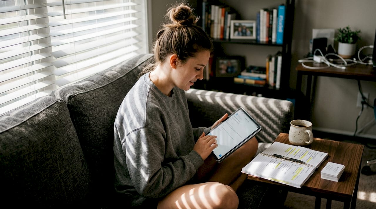 Copywriter drafting LinkedIn message on tablet