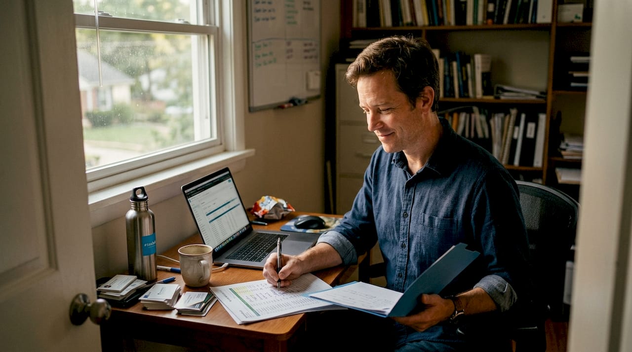 Consultant segmenting LinkedIn prospects at small desk