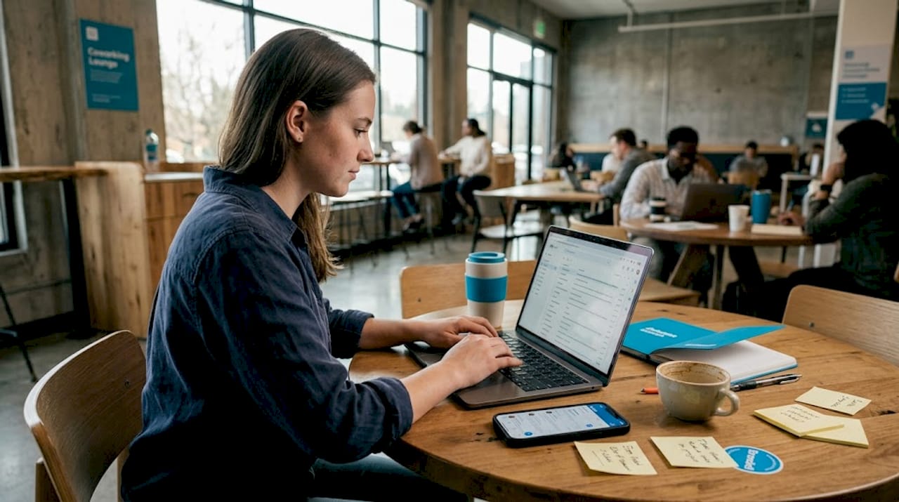 Professional handling outreach emails in coworking space