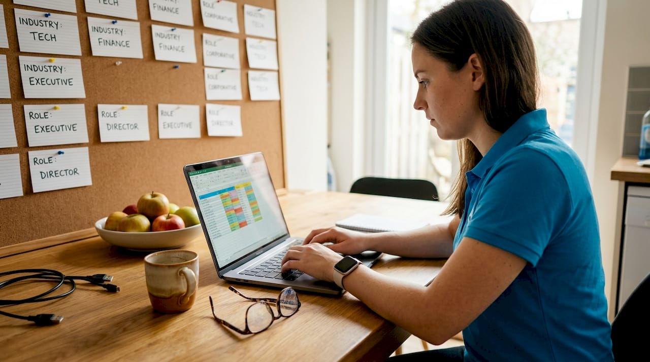 Analyst segmenting LinkedIn prospects at kitchen table