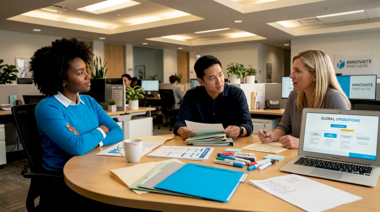 Colleagues discussing vendor selection around table