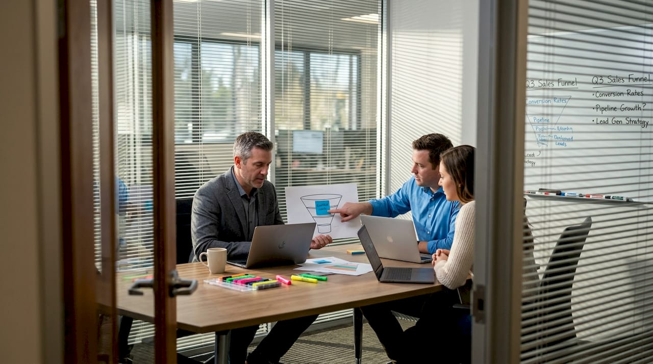 Team discusses lead generation funnel in meeting