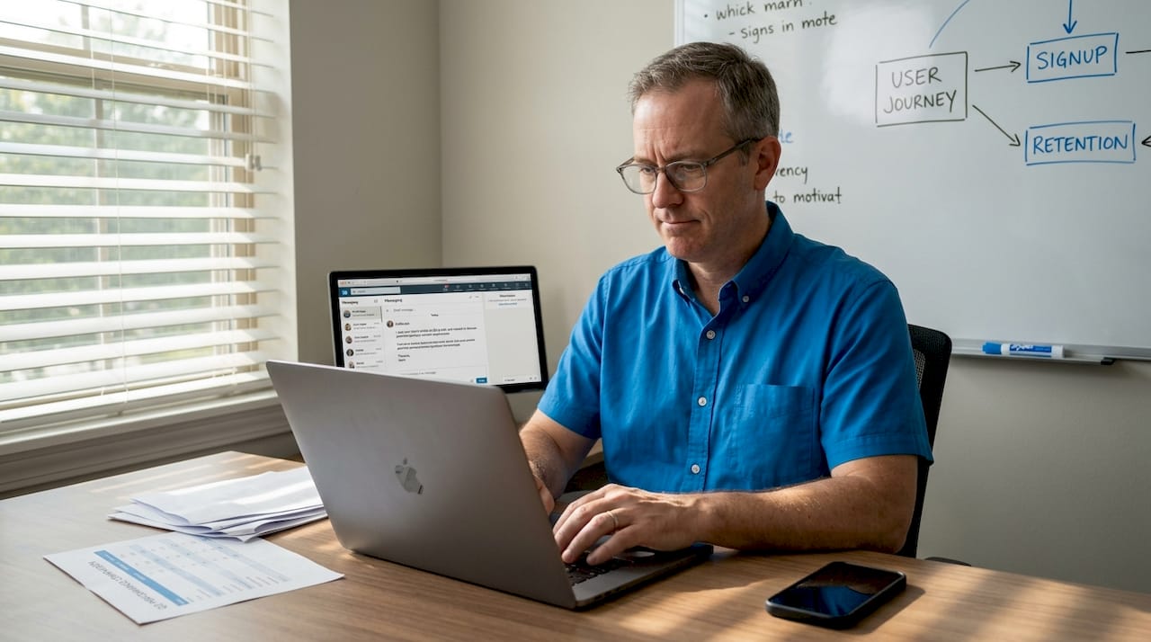 Man composing LinkedIn outreach message at home office