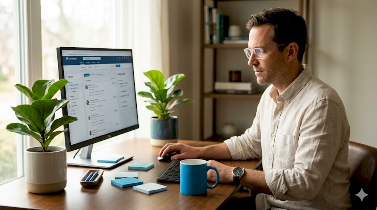Man reviewing LinkedIn Sales Navigator in morning light