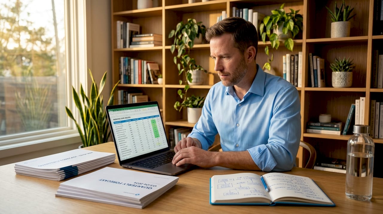 Strategist evaluates predictive scoring workspace scene