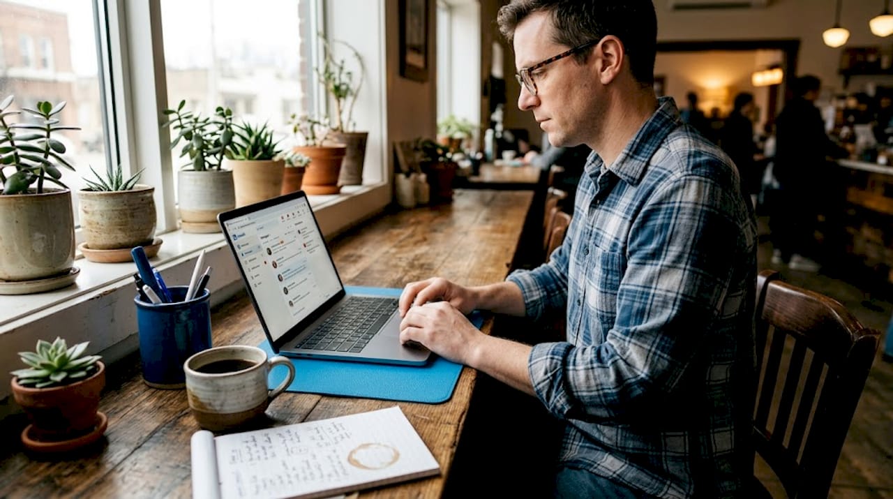 Associate managing LinkedIn outreach in workspace