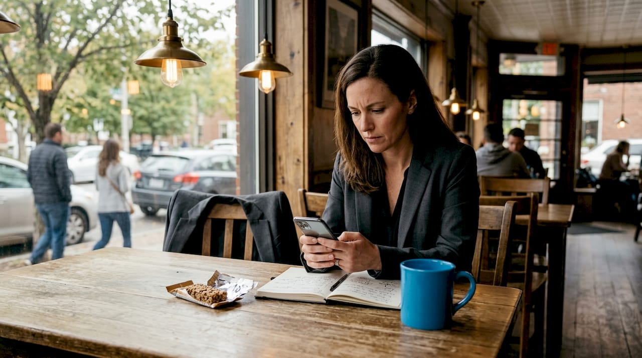 Businesswoman reading email at conference table