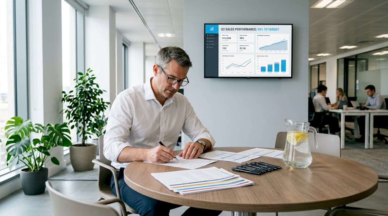 Sales team member reviews printed lead sheets