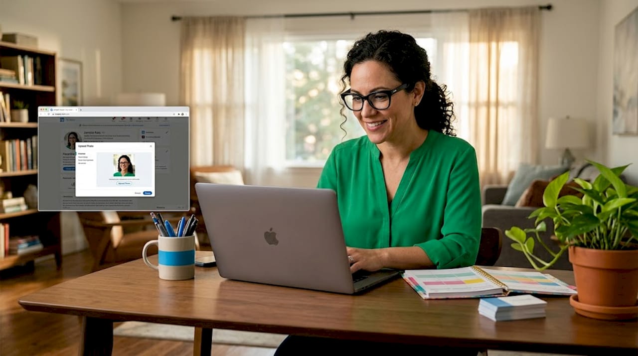 Woman uploading LinkedIn profile photo at desk