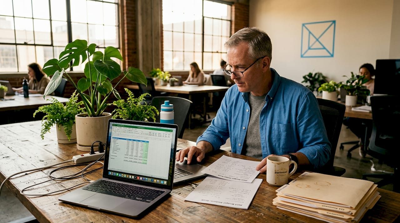 Man reviewing budget spreadsheet in office