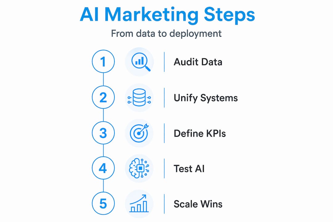 Infographic outlining AI marketing implementation steps