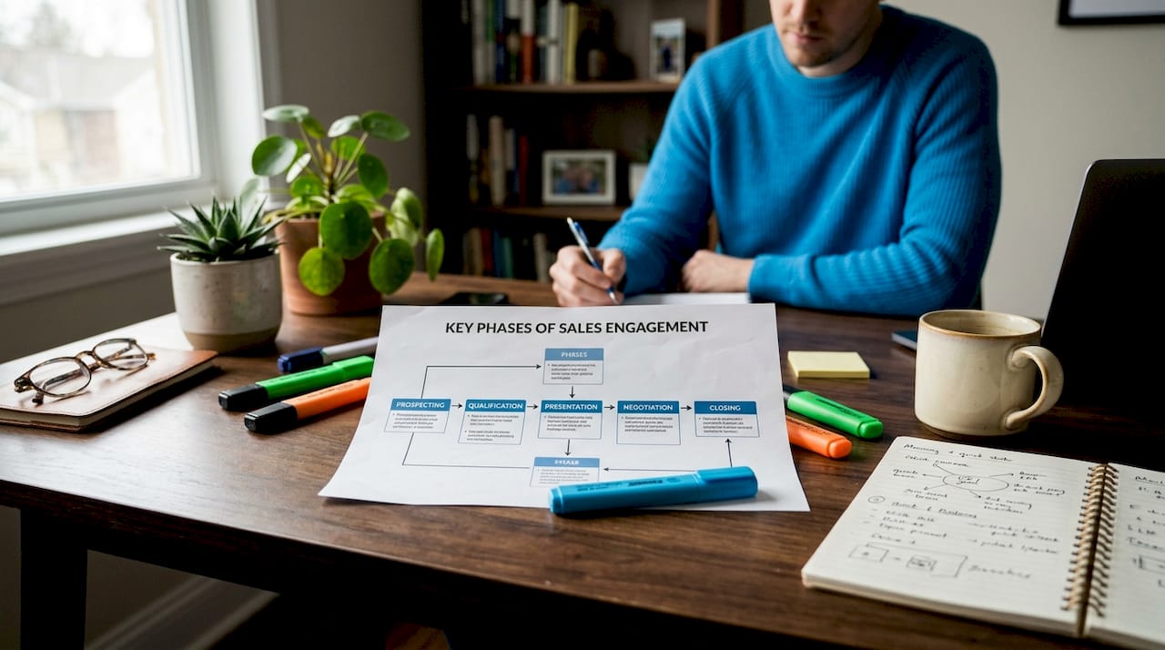 Overhead view of sales engagement phases flowchart