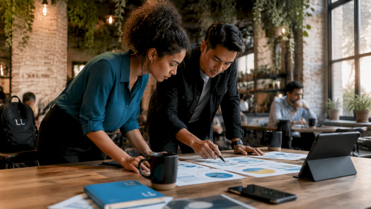 Marketing team collaborating with analytics tools
