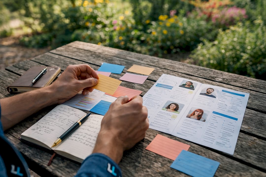 Hands organizing buyer persona data cards