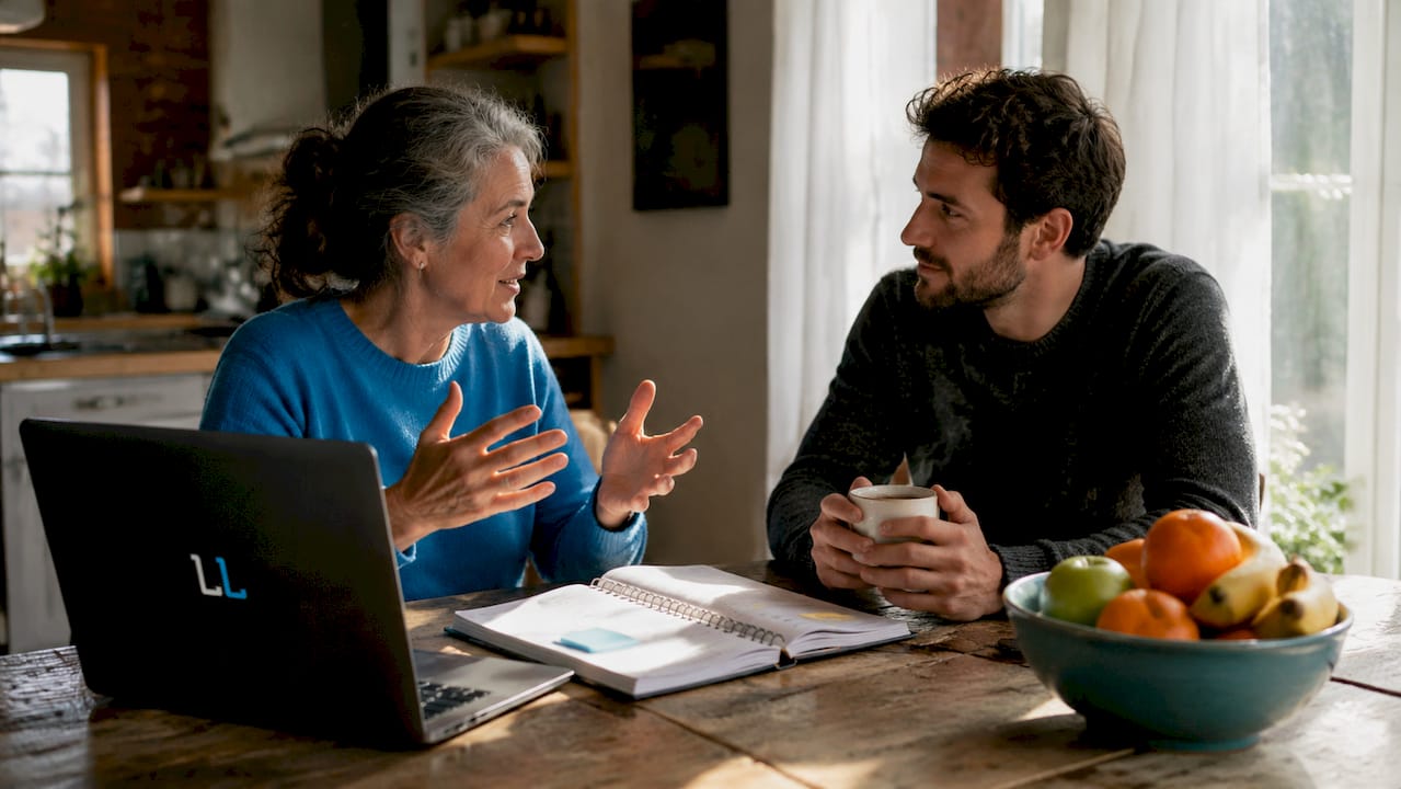 Mentor advising mentee in cozy home office