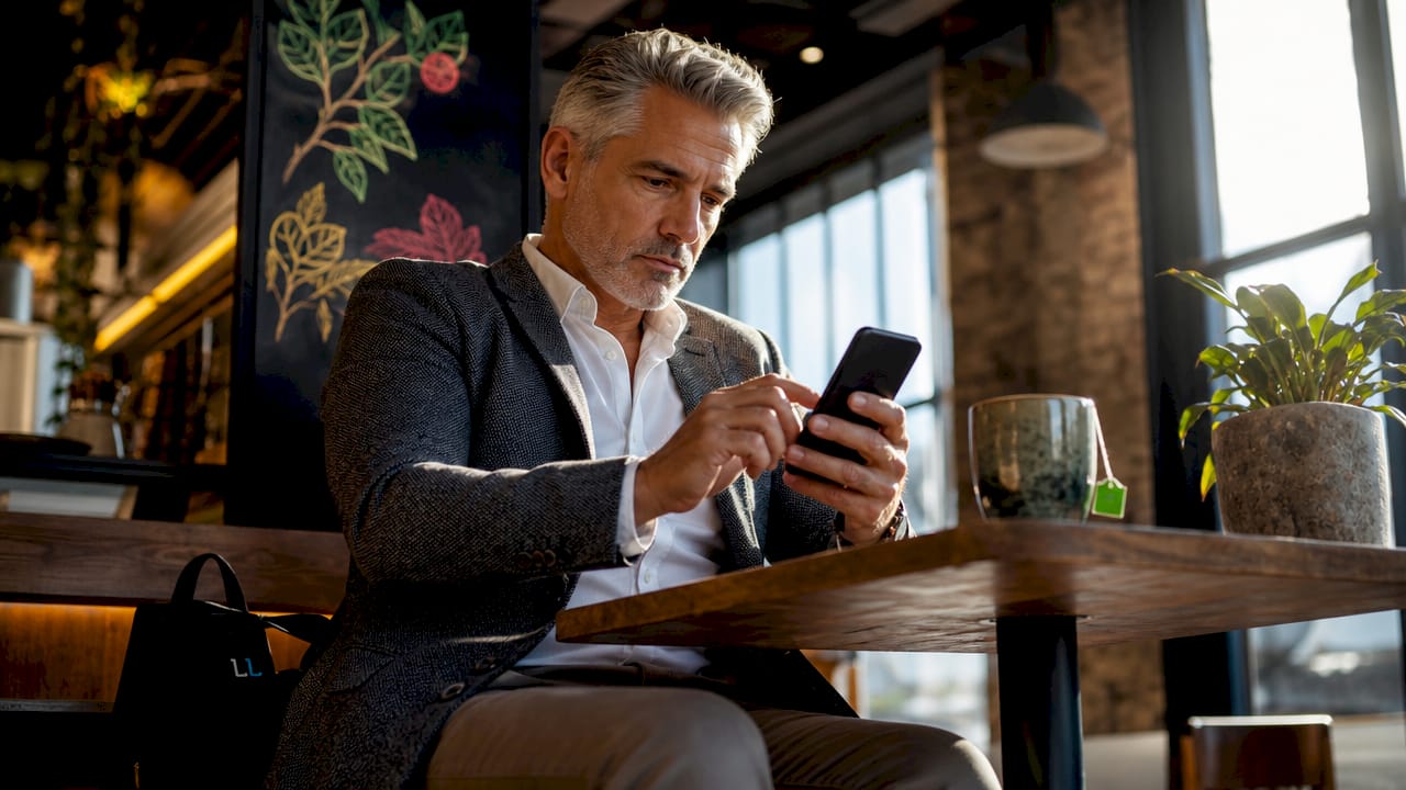 Man sharing LinkedIn profile link on phone in office