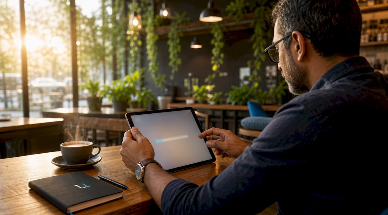 Hands using tablet with LinkedIn profile completion meter