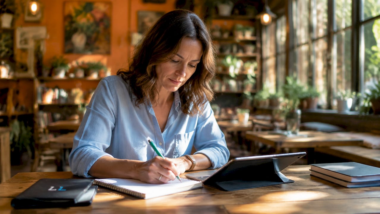 Woman writing marketing niche notes at home desk