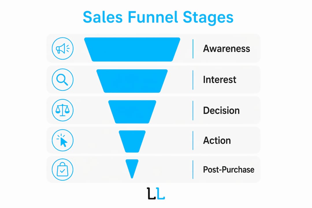 Infographic illustrating sales funnel stages top to bottom