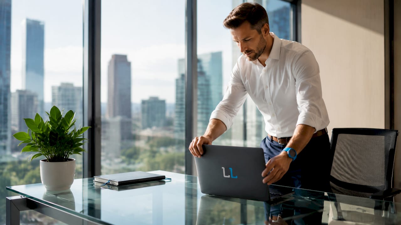 Hands preparing laptop for demo call