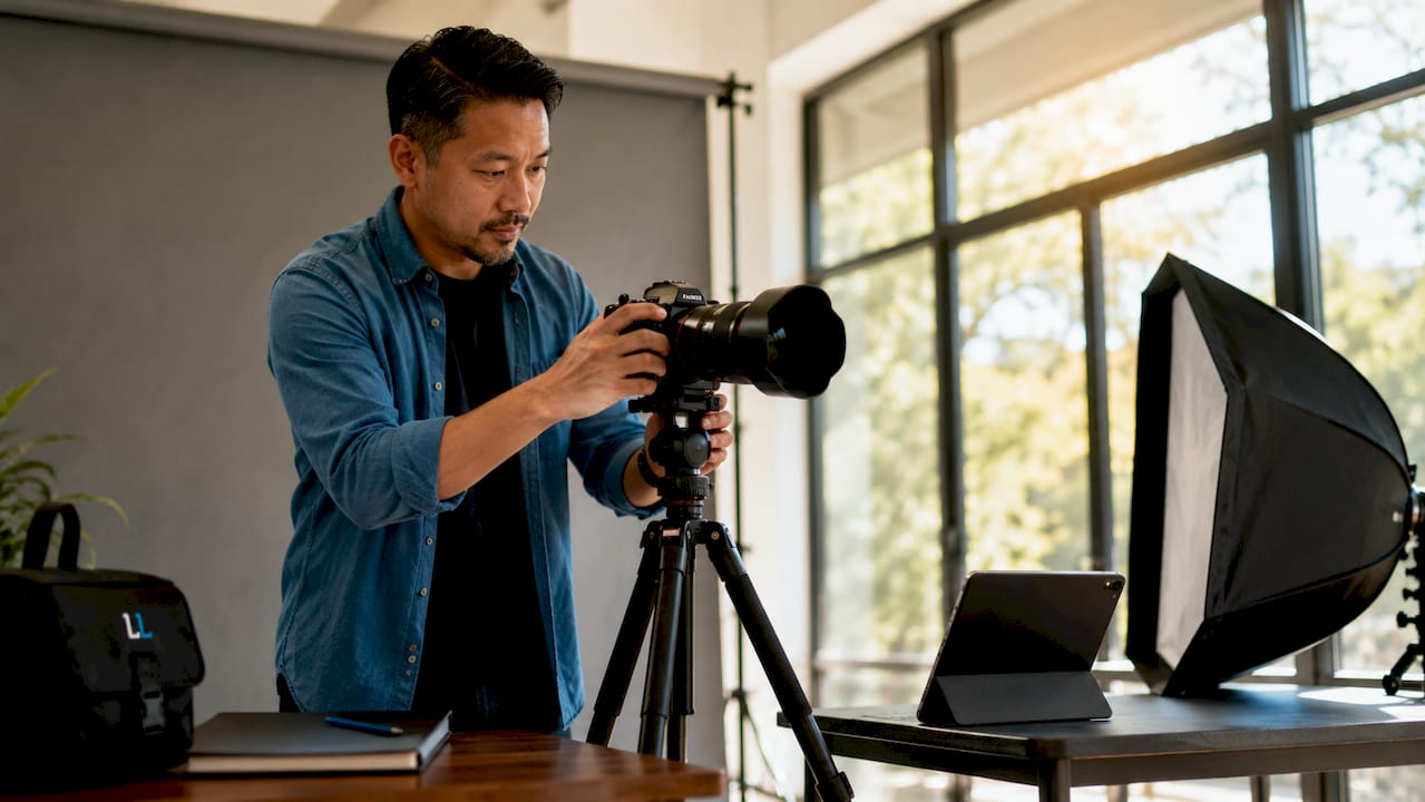 Photographer adjusting camera in headshot studio