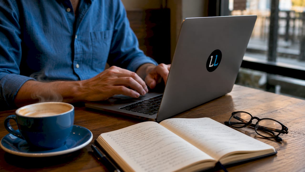 Close-up of hands typing on laptop with notes and coffee