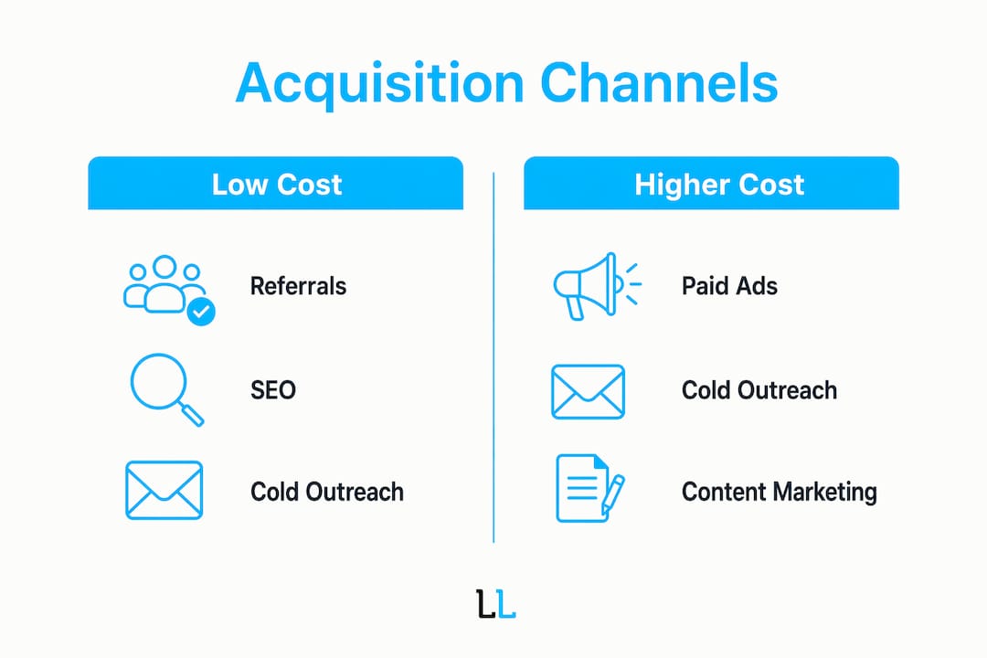 Infographic comparing client acquisition channels and costs